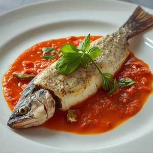 Mackerel shikampur, stuffed with herbs, preserved lemon & zesty red pepper sauce
