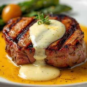 Grilled pork ribeye, grape beurre blanc & a herb dust