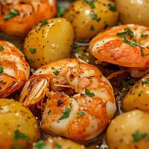 King prawns, new potatoes seared in burnt Aleppo & garlic butter caramelised in kasundi