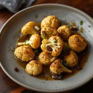 Za’tar roasted cauliflower with spiced kasundi, raisin & caper dressing
